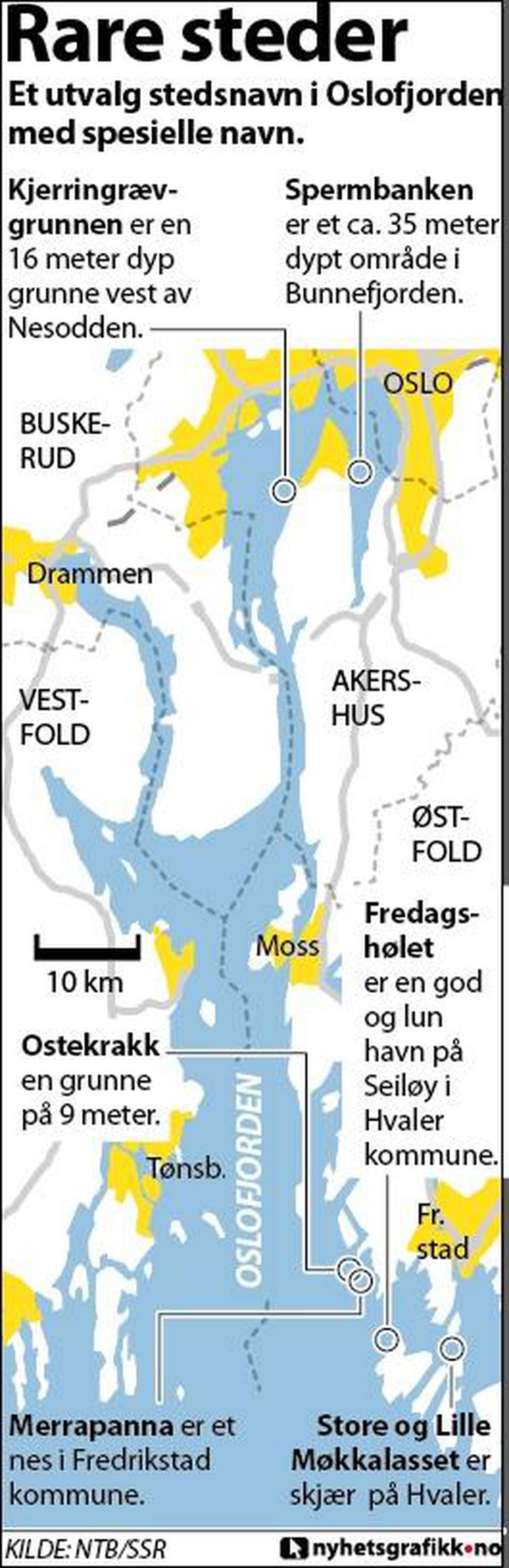 Et utvalg stedsnavn i Oslofjorden med spesielle navn.