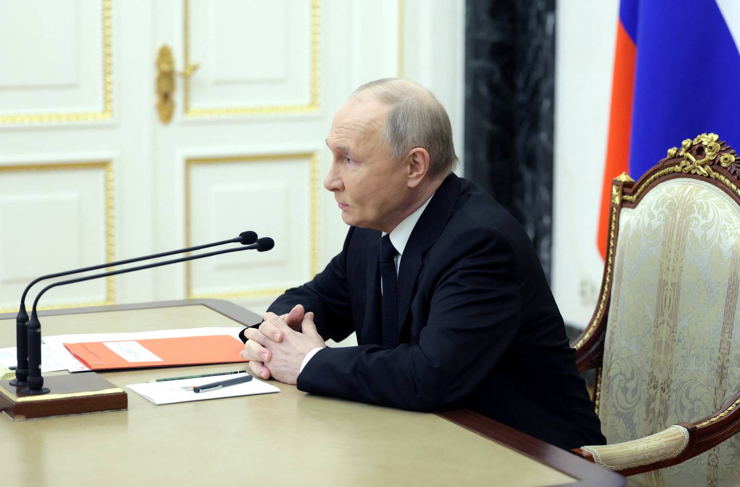 Russian President Vladimir Putin chairs a meeting with members of the Security Council via video link at the Kremlin in Moscow, Russia April 11, 2024. Sputnik/Aleksey Babushkin/Kremlin via REUTERS ATTENTION EDITORS - THIS IMAGE WAS PROVIDED BY A THIRD PARTY.