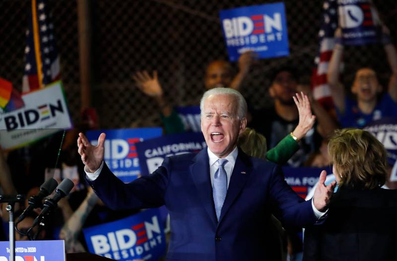 Democratic U.S. presidential candidate and former Vice President Joe Biden, appears at his Super Tuesday night rally in Los Angeles, California, U.S., March 3, 2020. REUTERS/Mike Blake