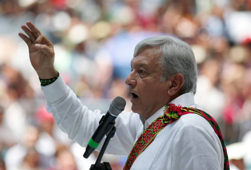 Mexican President-elect Andres Manuel Lopez Obrador speaks to supporters in Tepic, Mexico, Sunday, Sept. 16, 2018. Lopez Obrador is beginning a nationwide tour ahead of his Dec. 1 inauguration. (AP Photo/Eduardo Verdugo)