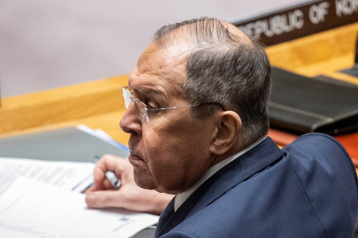 Russian Foreign Minister Sergei Lavrov attends a meeting of the United Nations Security Council on the crisis in the Gaza Strip at U.N. headquarters in New York, January 23, 2024.    REUTERS/Eduardo Munoz