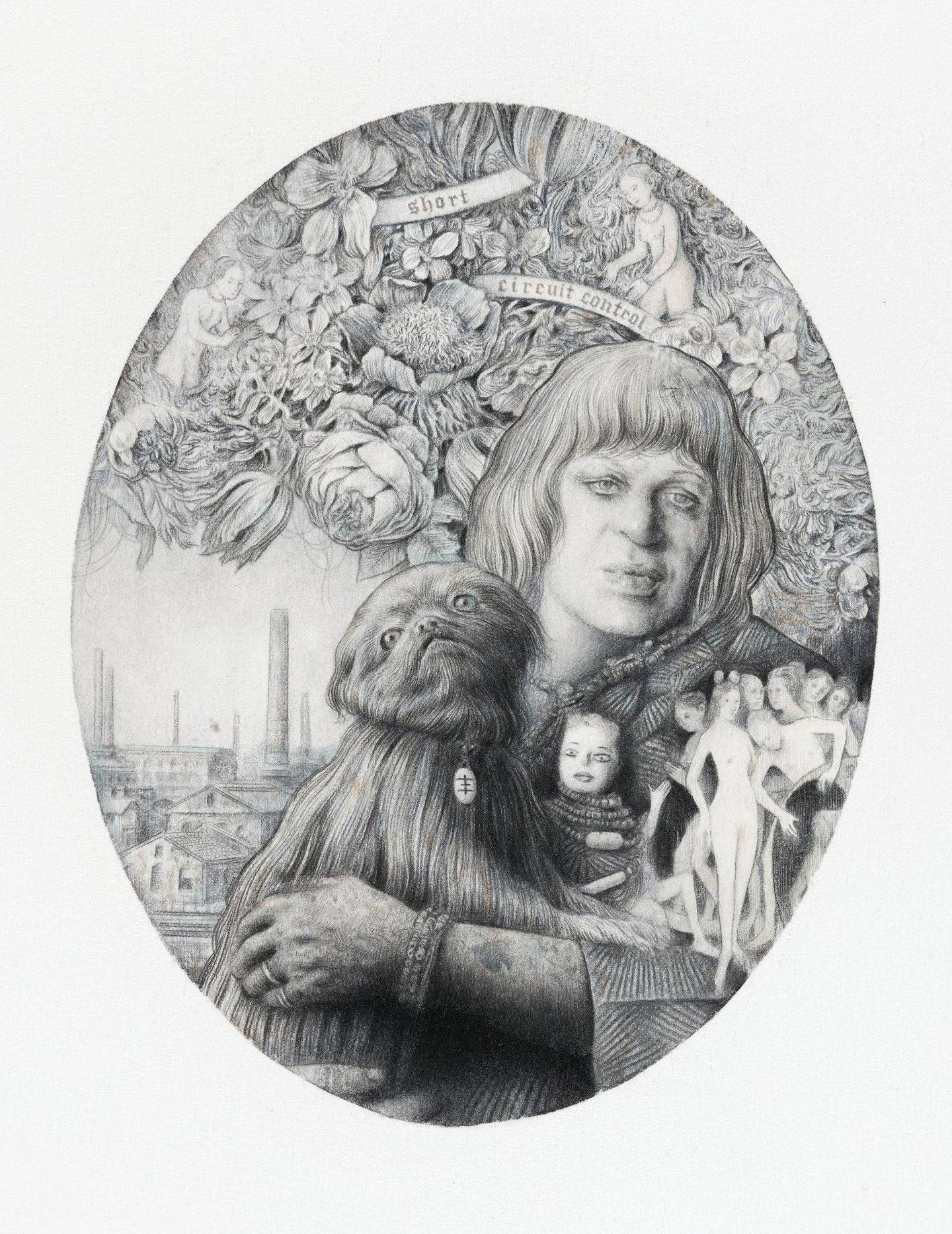 «Portrait of Genesis P-Orridge» (2020) er ett av flere tegnede portretter der Sverre Malling trekker frem aparte kunstnere fra britisk kulturhistorie. Foto: Thomas Widerberg © Sverre Malling/ Kristin Hjellegjerde Gallery