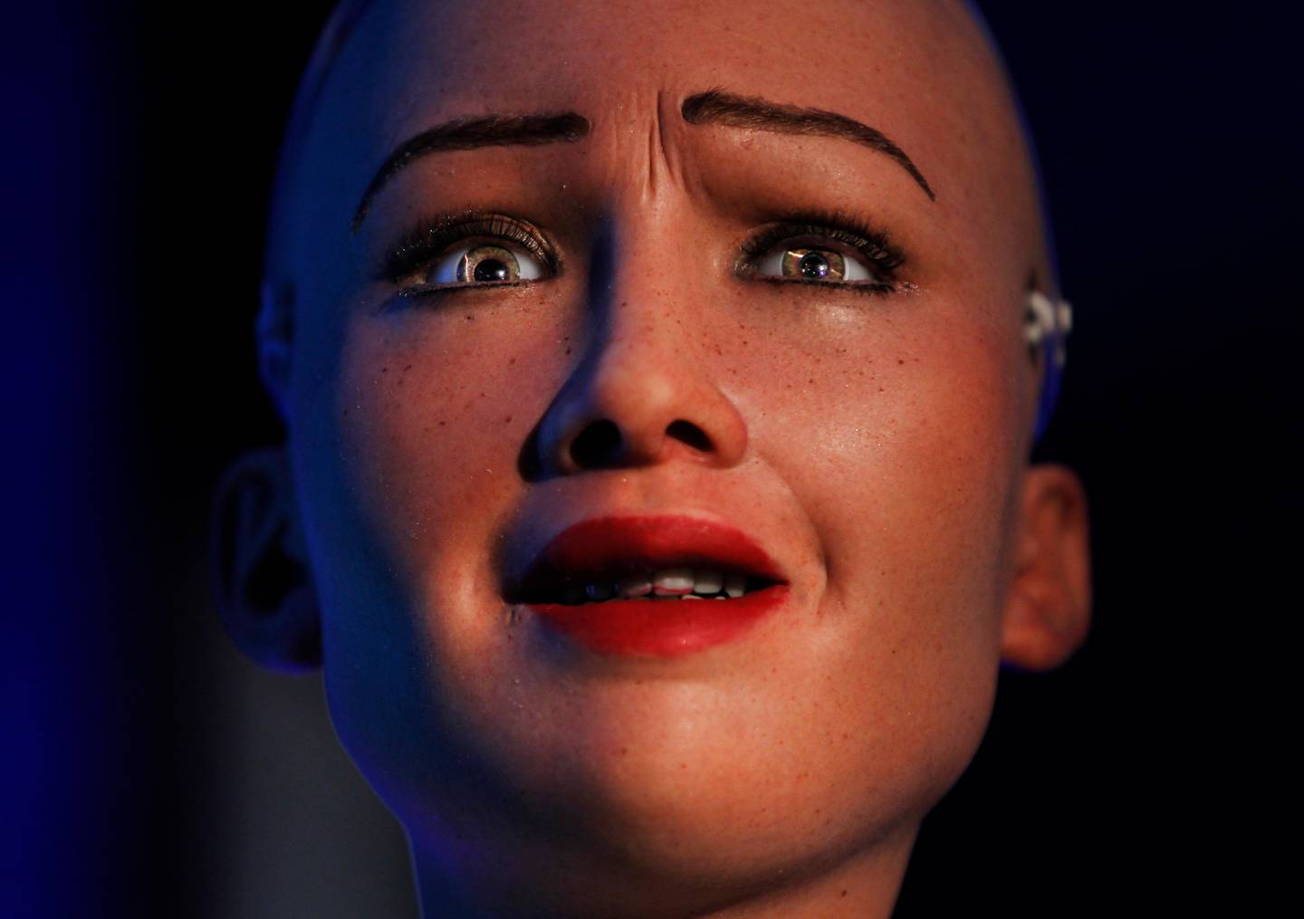 Hanson Robotics' robot Sophia, a lifelike robot powered by artificial intelligence, is displayed in public during the ?ÄúTechnology for Public Services/Development?Äù conference organized by UNDP in Kathmandu, Nepal, Wednesday, March 21, 2018. (AP Photo/Niranjan Shrestha)