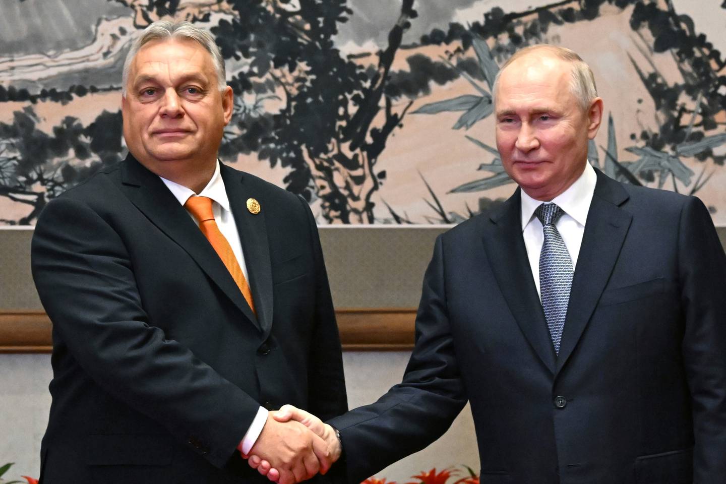 FILE - Russian President Vladimir Putin, right, and Hungarian Prime Minister Viktor Orban pose for a photo prior to their talks on the sidelines of the Belt and Road Forum in Beijing, China, on Tuesday, Oct. 17, 2023. Orban will be the center of attention at an EU summit Thursday, Oct. 26, 2023 following his meeting with Russian President Vladimir Putin last week. Diplomats say EU leaders will directly confront him with accusations he broke EU unity in their support of Ukraine. (Grigory Sysoyev, Sputnik, Kremlin Pool Photo via AP, File)
