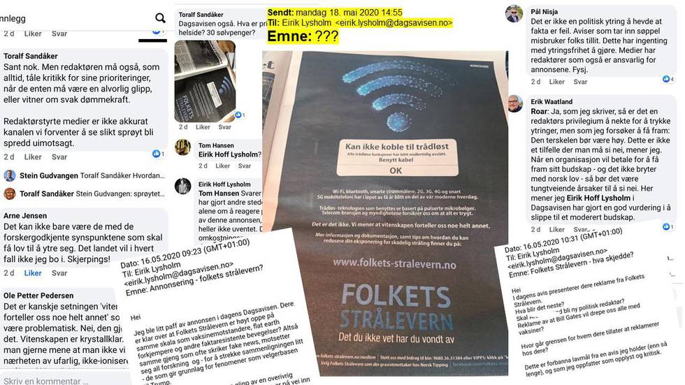 Faksimiler og utdrag fra eposter og Facebook-diskusjoner om den kontroversielle annonsen som sto på trykk i blant andre Stavanger Aftenblad, Klassekampen, Rogalands Avis og Dagsavisen.