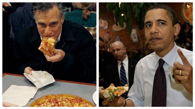 – Lobbyistene har fått tomatsaus på pizza definert som grønnsak, sier Lee Drutman. Her får henholdsvis Mitt Romney og Barack Obama i seg litt C-vitaminer under valgkampen i 2011. FOTO: AP/NTB scanpix