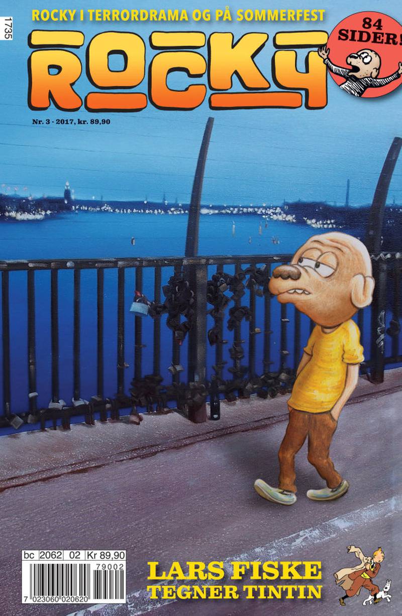 Mandag 17. juli slippes denne utgaven av bladet Rocky ut på folket – med Lars Fiskes Tintin-tegninger. FOTO: STRAND COMICS/TEGNE- SERIE- FORLAGET