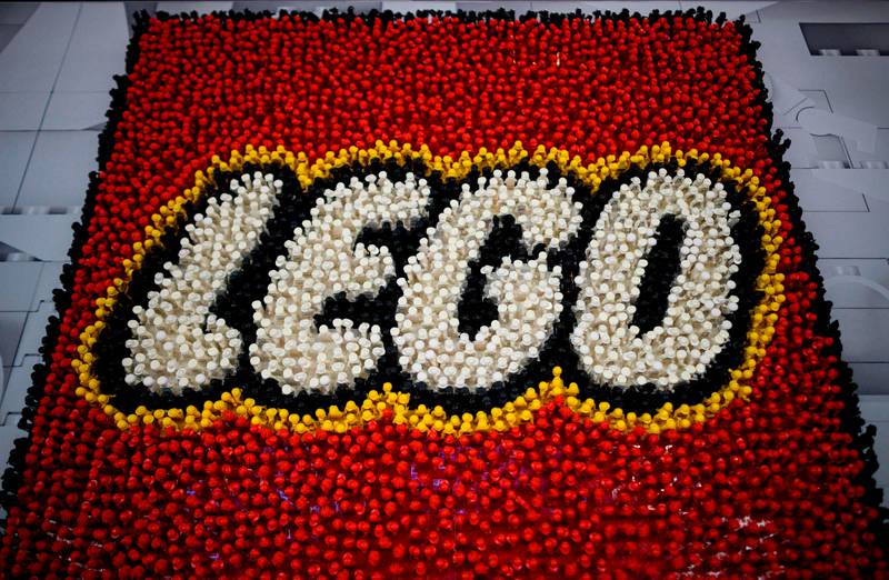 A Lego logo is pictured during the annual New York Toy Fair, at the Jacob K. Javits Convention Center onFebruary 16, 2019 in New York City. (Photo by Johannes EISELE / AFP)
