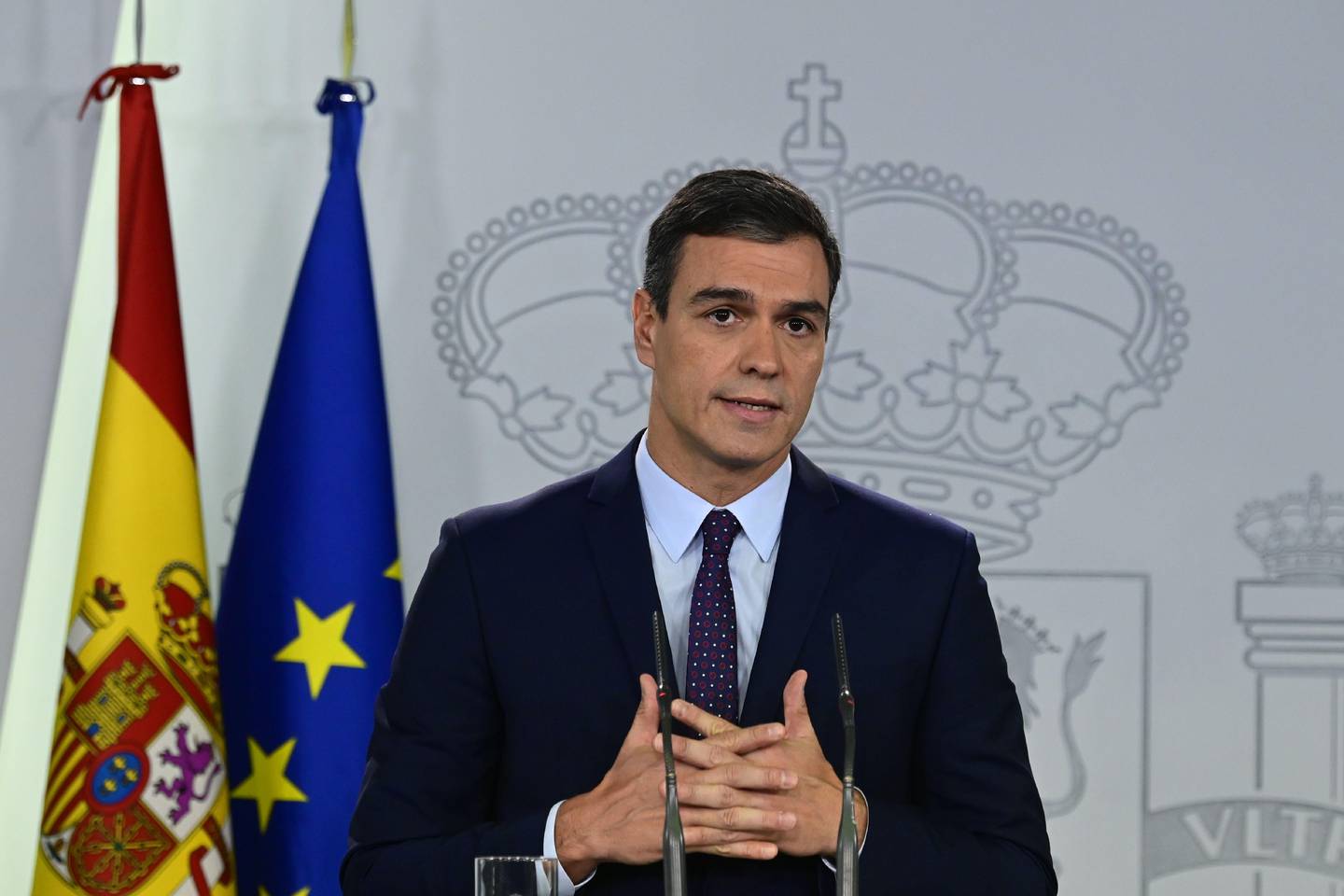 Spanish Prime Minister Pedro Sanchez gives a speech on October 14, 2019 in Madrid, after Spain's Supreme Court sentenced nine Catalan leaders to prison terms ranging from nine to 13 years for sedition and misuse of public funds for their role in a failed 2017 independence bid. (Photo by JAVIER SORIANO / AFP)
