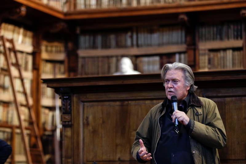 Former White House strategist Steve Bannon delivers his speech on the occasion of a meeting at Rome's Angelica Library, Thursday, March 21, 2019. (AP Photo/Gregorio Borgia)