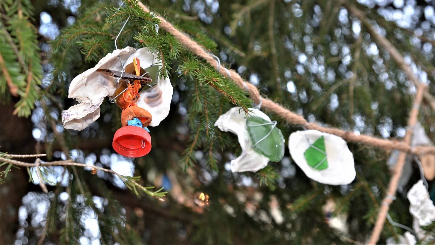 Stillehavsøsters med glassperler og plast fra havet har blitt hengt på Gamlebyens juletre.