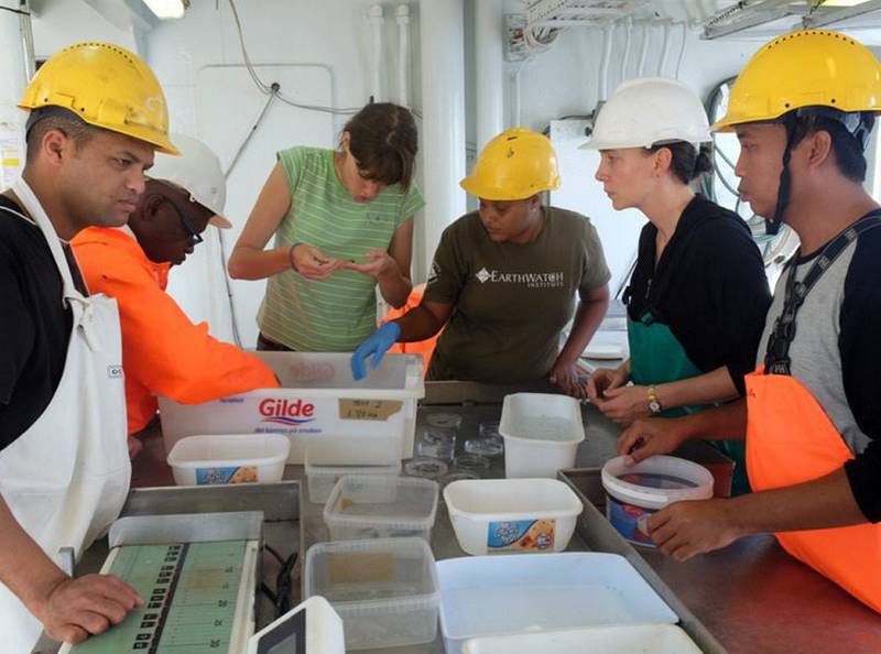 FORSKERE: Her er forskere på fartøyet Fridtjof Nansen i arbeid med å sortere og identifisere fisk. NTB SCANPIX