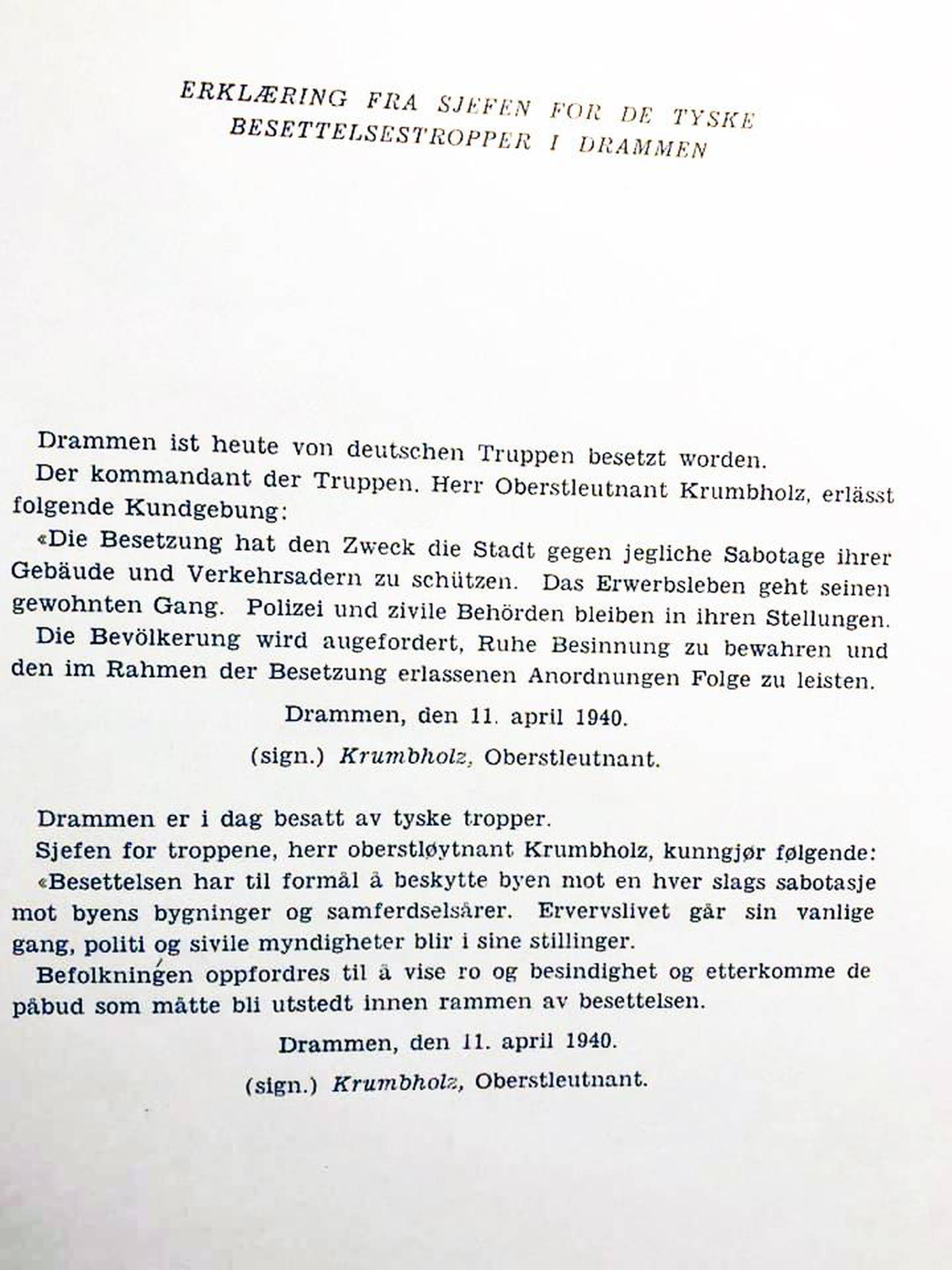 Erklæring fra sjefen for de tyske «beskyttelsestroppene» i Drammen.