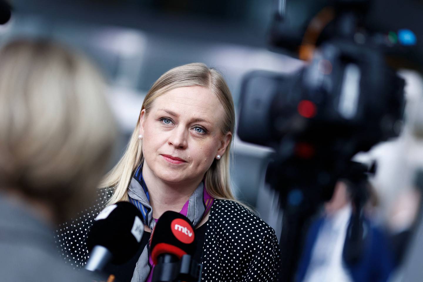 Finnish Foreign Minister Elina Valtonen gives a statement ahead of a NATO foreign ministers' meeting at NATO headquarters in Brussel on April 3, 2024. (Photo by Kenzo TRIBOUILLARD / AFP)