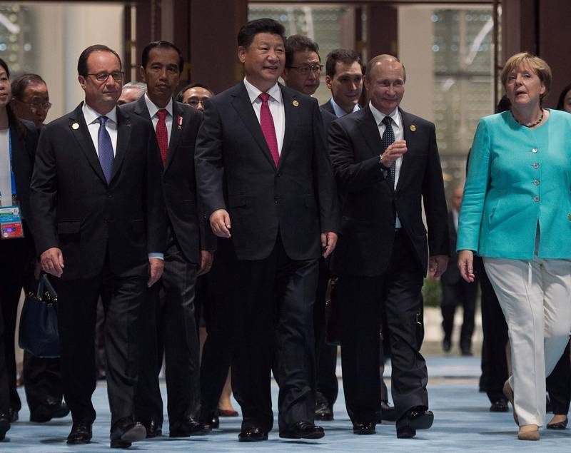 Forholdet til EU, Kina og Russland er viktig. Her Frankrikes president François Hollande, Kinas president Xi Jinping, Russlands president Vladimir Putin og Tysklands kansler Angela Merkel.