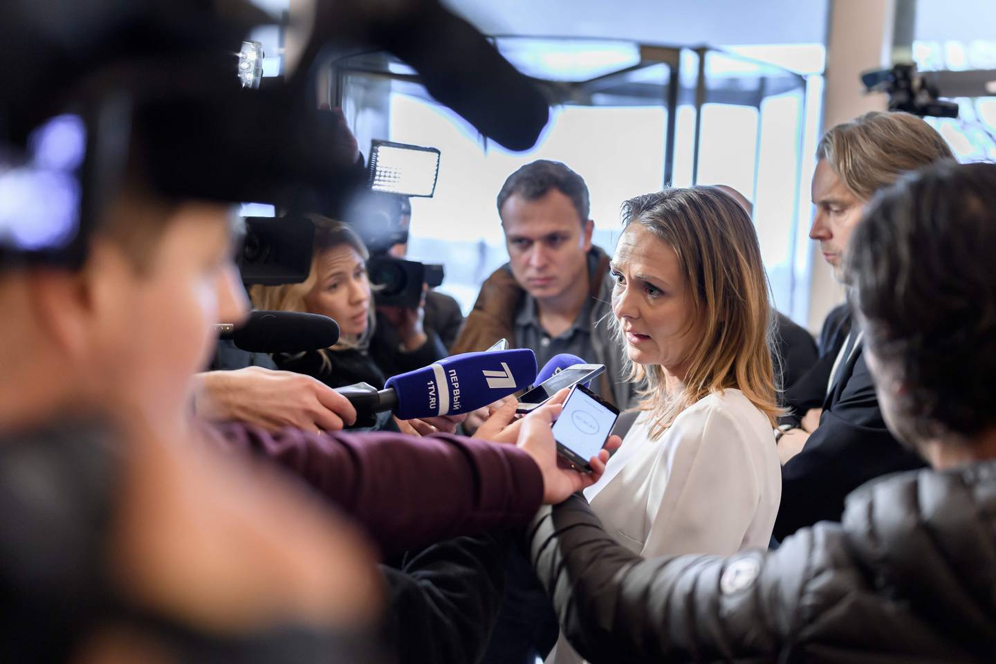 Norway's Linda Hofstad Helleland, a member of the World Anti-Doping Agency (WADA) foundation board, answers journalists following a meeting of WADA's executive committee on December 9, 2019 in Lausanne. - The World Anti-Doping Agency banned Russia today from global sporting events including the 2020 Tokyo Olympics and the 2022 Beijing Winter Olympics after accusing Moscow of falsifying data from an anti-doping laboratory. (Photo by FABRICE COFFRINI / AFP)