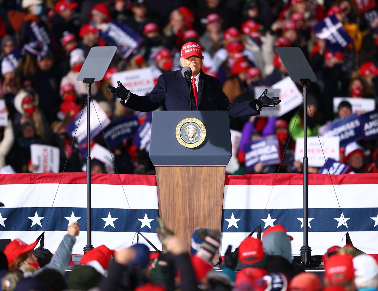 TRAVERSE CITY, MI - NOVEMBER 02: U.S. President Donald Trump Donald speaks during a campaign rally on November 2, 2020 in Traverse City, Michigan. President Trump and former Vice President Democratic presidential nominee Joe Biden are making multiple stops in swing states ahead of the general election on November 3rd.   Rey Del Rio/Getty Images/AFP
== FOR NEWSPAPERS, INTERNET, TELCOS & TELEVISION USE ONLY ==