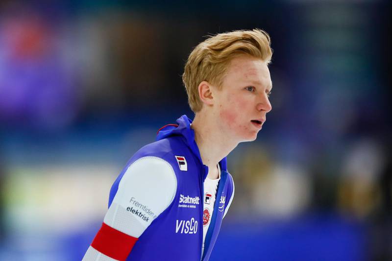 Norway's Peder Kongshaug catches his breath after competing during the men's 1000 meters race of the World Cup Speedskating at the Thialf ice arena in Heerenveen, northern Netherlands, Sunday, Jan. 24, 2021. (AP Photo/Peter Dejong)