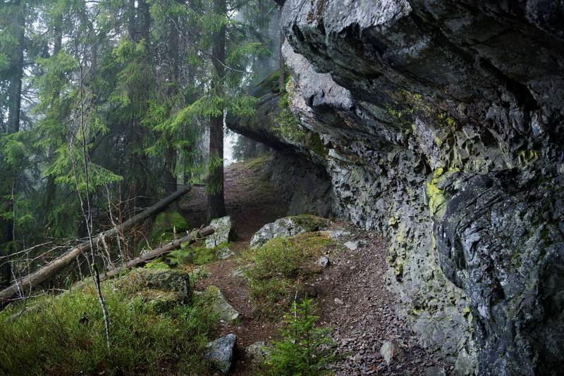Stien til uteliggerhytta går inn under et bergheng, og får et naturlig tak. FOTO: FRØYDIS FALCH URBYE