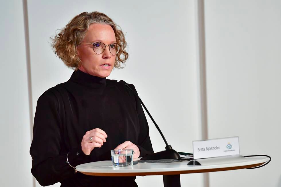 Britta Björkholm, avdelingsleder i Folkhälsomyndigheten på onsdagens pressekonferanse om koronasituasjonen i Sverige. Foto: Jonas Ekströmer / TT / NTB
