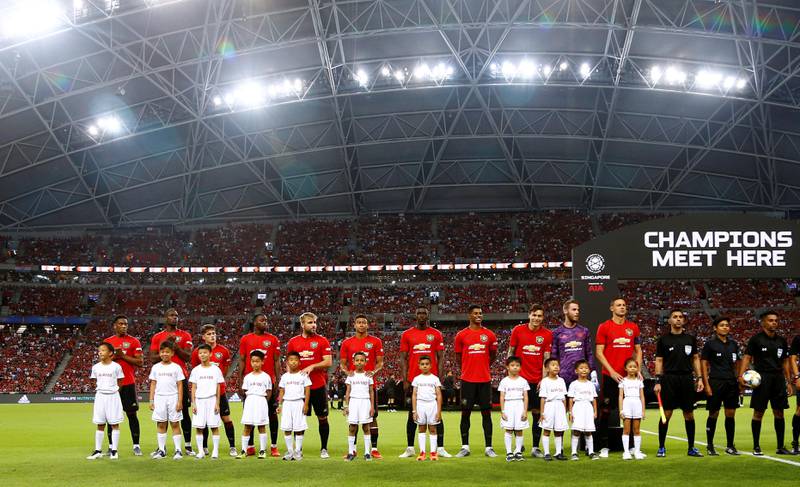 Soccer Football - International Champions Cup - Manchester United v Inter Milan - Singapore National Stadium, Singapore - July 20, 2019   Manchester United players lined up before the match    REUTERS/Feline Lim