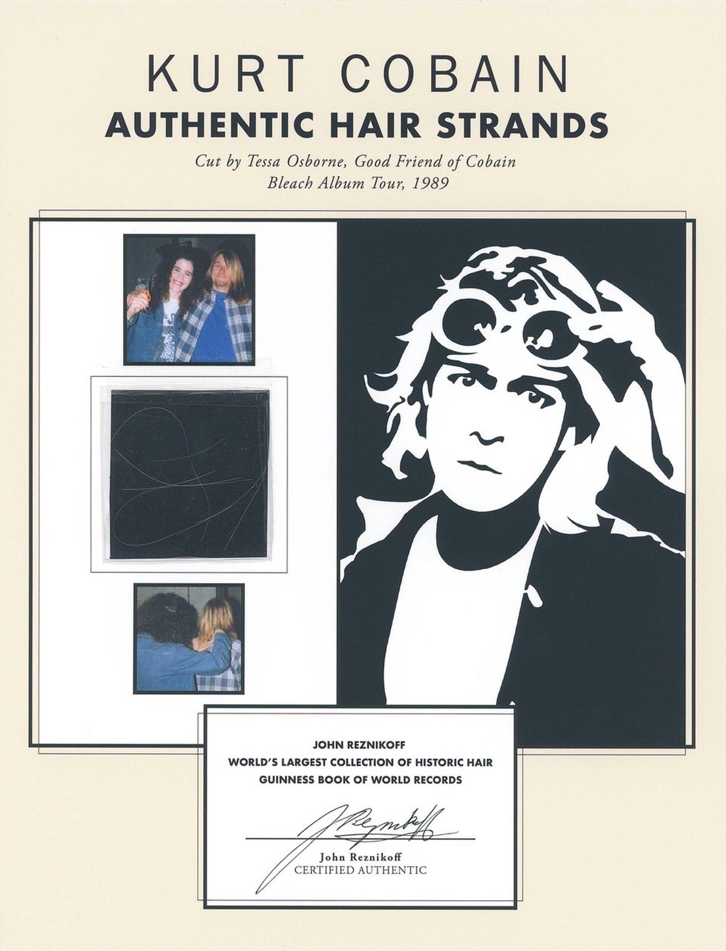 Slik presenteres salget av Kurt Cobains hår hos auksjonshuset Iconic Auctions.
