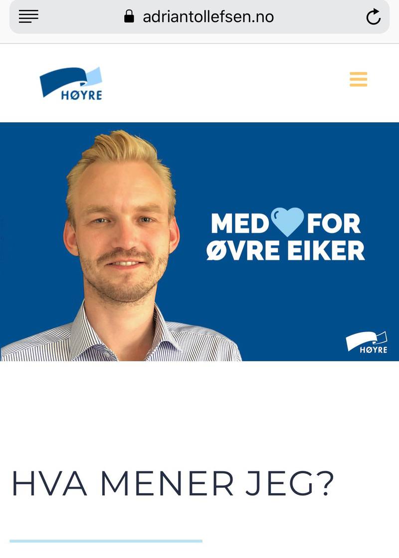 Ved å skrive inn navnet på Aps ordførerkandidat ble man inntil fredag ettermiddag ledet direkte til Adrean Tollefsens side, som fronter ham som Høyres ordførerkandidat til kommunevalget 2019.