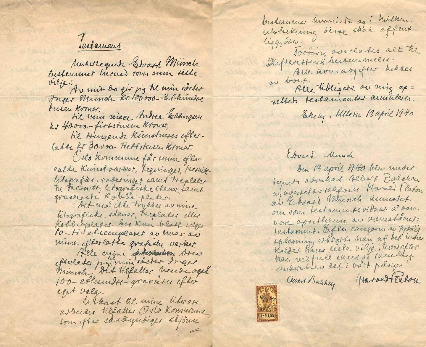 Edvard Munchs håndskrevne testamente fra 1940.
Foto: Munchmuseet