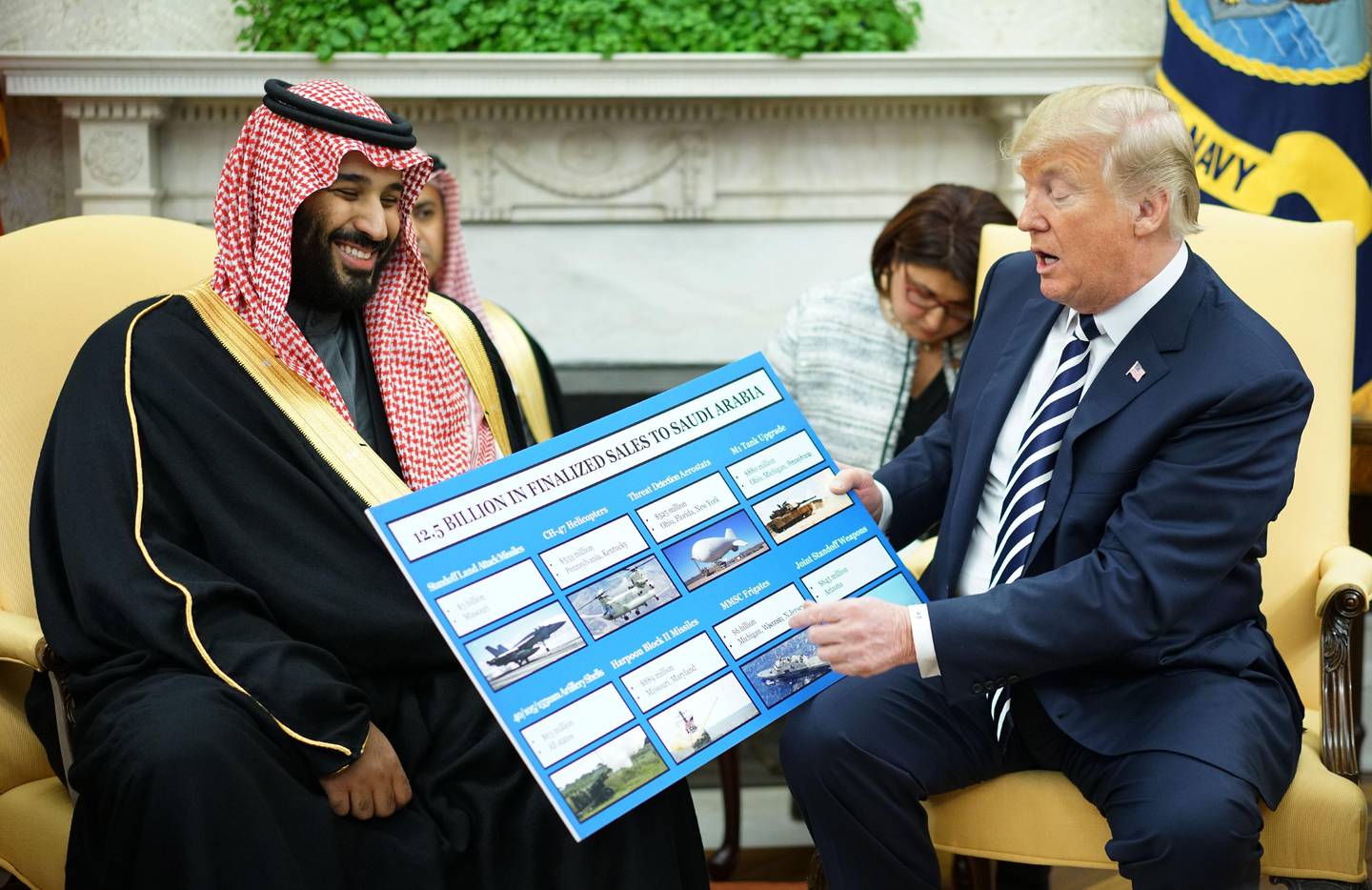 (FILES) In this file photo taken on March 20, 2018 US President Donald Trump (R) looks at a defence sales chart with Saudi Arabia's Crown Prince Mohammed bin Salman in the Oval Office of the White House in Washington, DC. - US President Donald Trump on July 24, 2019, vetoed three congressional resolutions barring weapons sales to US allies including Saudi Arabia and the United Arab Emirates. (Photo by MANDEL NGAN / AFP)