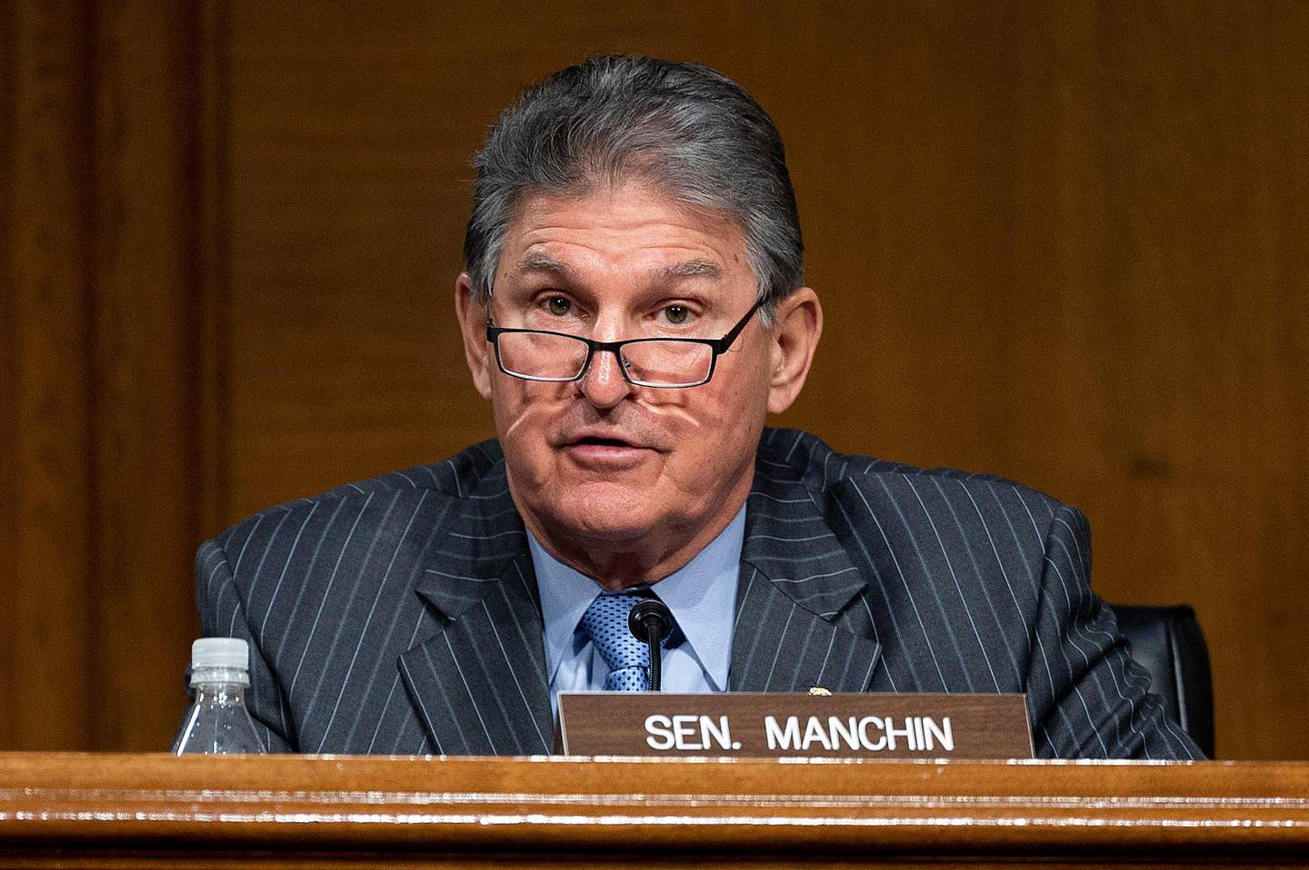 Ranking Member Joe Manchin, D-WV, speaks during a hearing to examine the nomination of Former Michigan Governor Jennifer Granholm to be Secretary of Energy, on Capitol Hill in Washington, DC, on January 27, 2021. (Photo by JIM WATSON / POOL / AFP)