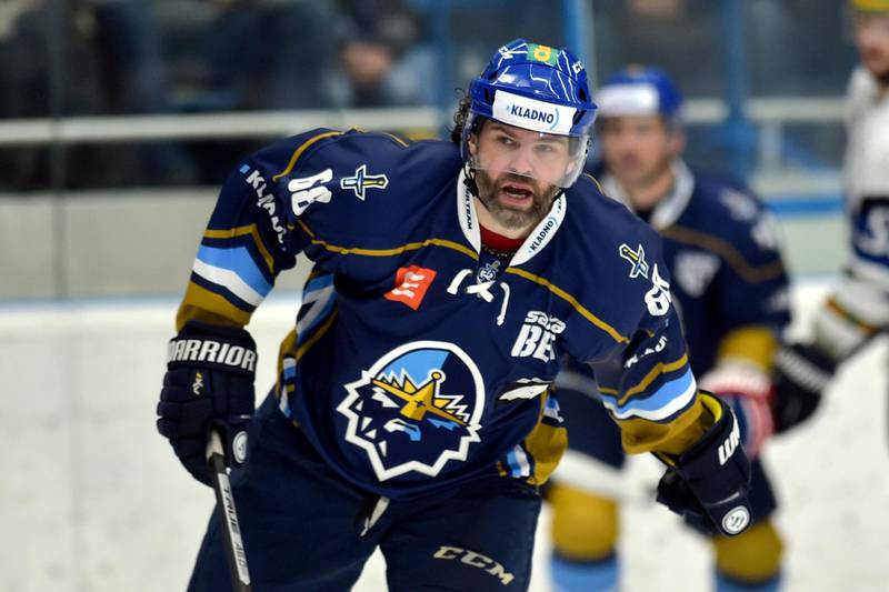 Ex-NHL player Jaromir Jagr plays for Kladno in action against Havirov team during their First Czech Hockey League match, in Havirov, Czech Republic, Monday, Feb. 18, 2019.  47-years player returned onto the ice after one year and one day that he couldn't play due to injury. (Jaroslav Ozana/CTK via AP)