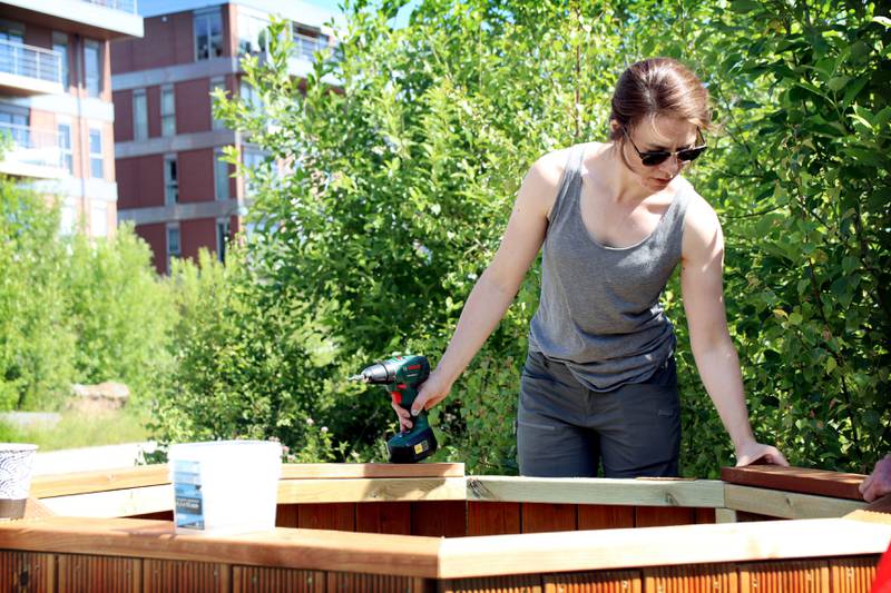 Nathalie Vika hjelper til med å sette sammen plantekassene som skal plasseres på uteområdet. FOTO: TONE HELENE OSKARSEN