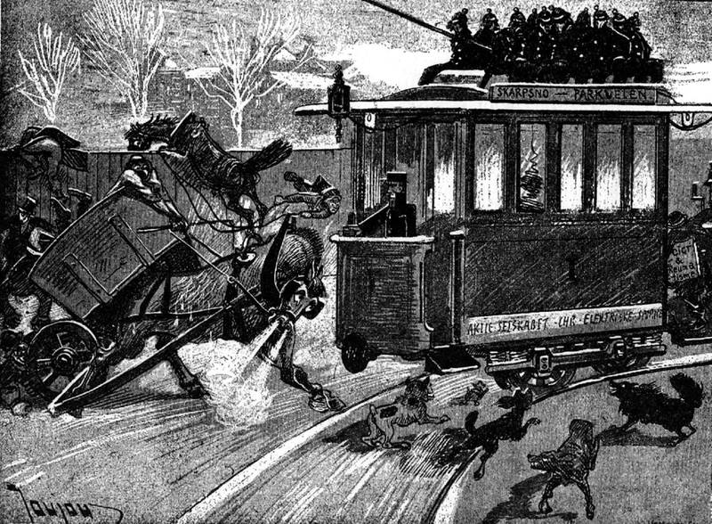 Tegning i St. Hallvard 1939. Skremte hester og sinte hunder var et vanlig syn under prøvekjøringa av de elektriske sporvognene i 1894, skal vi tro tegneren Joujou. Dette til tross for passasjerene på taket.