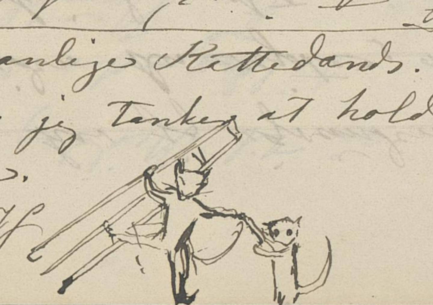 Tegningen av lille katte-Honoria som river katte-mor vekk fra staffeliet stammer fra et brev Mathilde skrev til Honorias far i 1872.