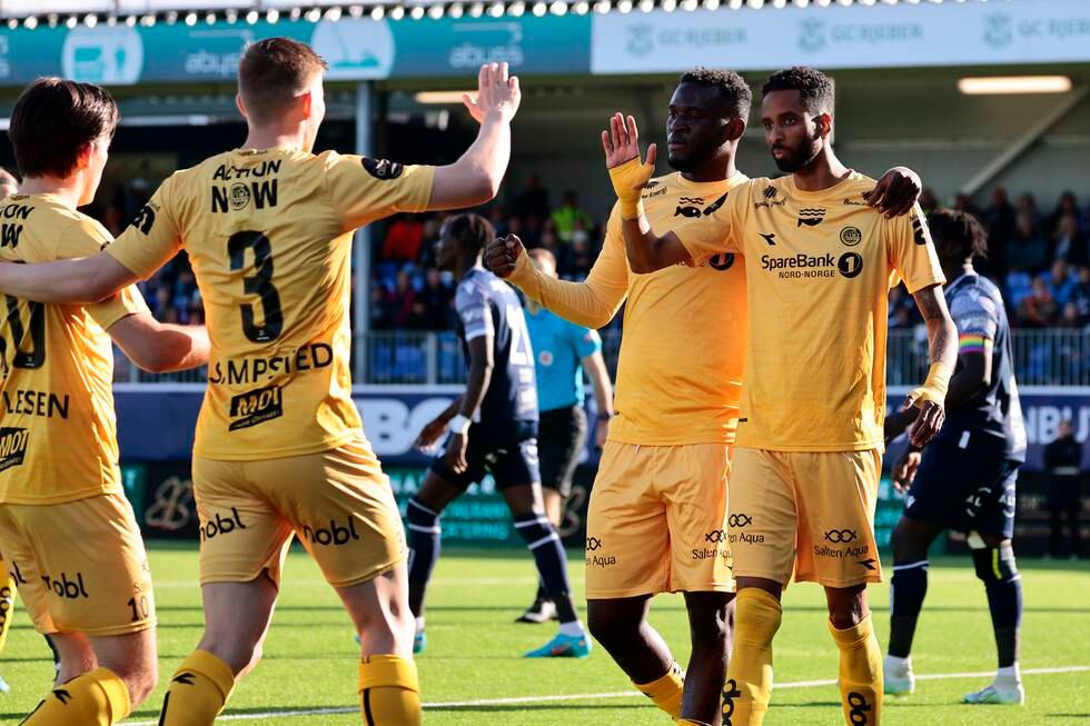 Amahl Pellegrino (t.h) ble den store helten da Bodø/Glimt slo Kristiansund i Eliteserien lørdag.
Foto: Geir Olsen / NTB