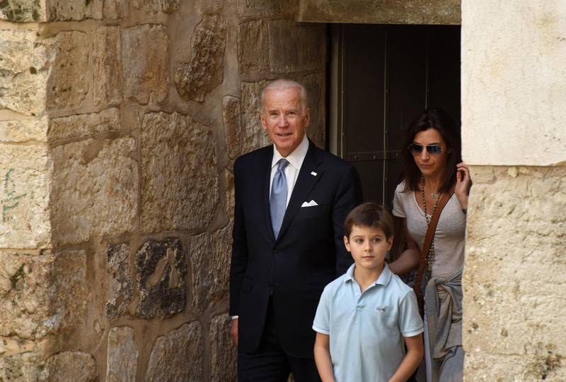US Vice President Joe Biden, center, and his family visit the Church of the Holy Sepulcher in the Old City of Jerusalem, Wednesday, March 9, 2016. (Debbie Hill, Pool via AP)