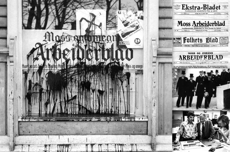 Moss Arbeiderblad ble tidlig en skyteskive for nazistene. Etter et aprilmøte i Fedrelandslaget i Moss 1933 ble         avisas vinduer tilgriset med tjære og malte hakekors. Fotomontasje: Bjørn Wisth
