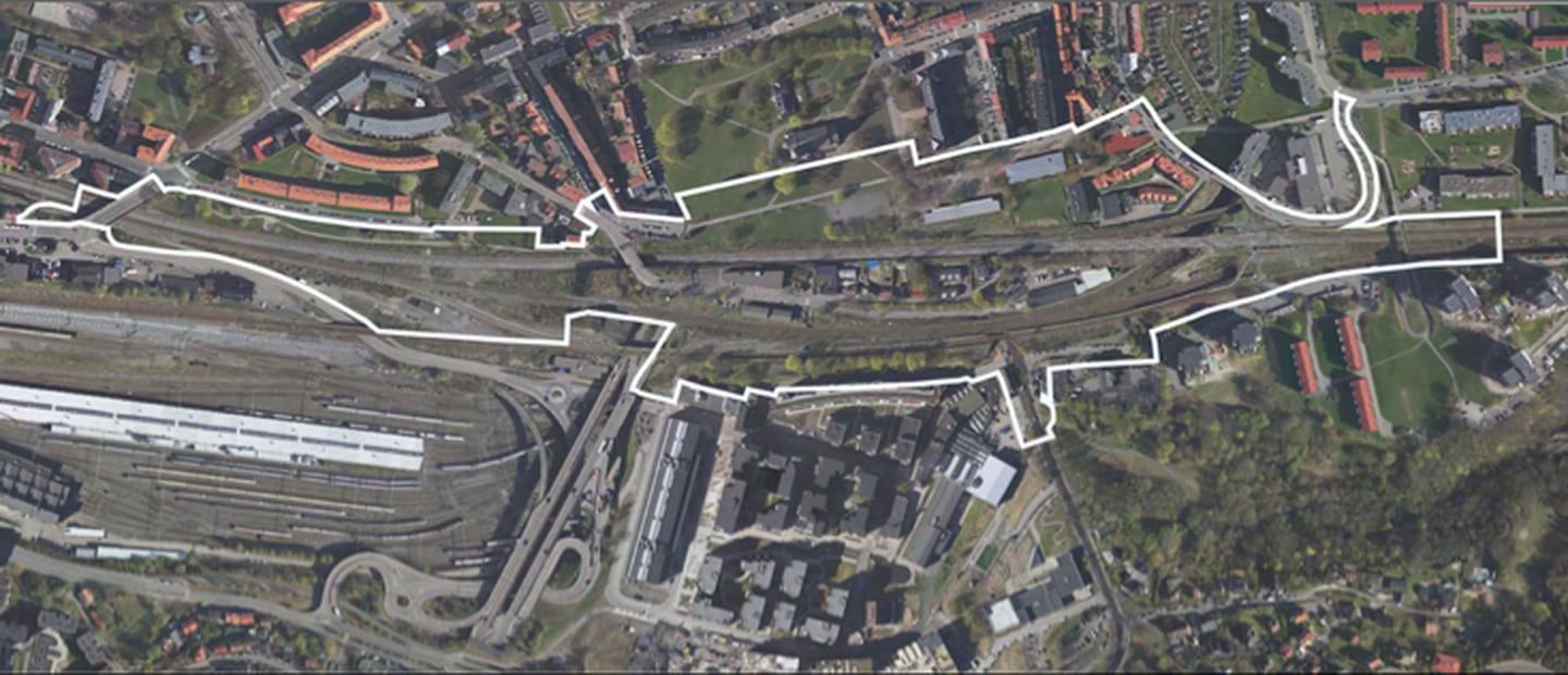 Her er området Bane NOR mener vil berøres av togplane. Kværnerbyen nede i midten. Hylla er i midten av det utsatte området.