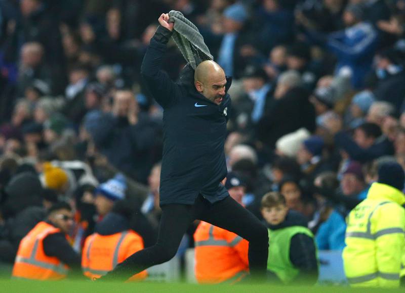 Manchester City's coach Pep Guardiola reacts during the English Premier League soccer match between Manchester City and Liverpool at the Etihad Stadium in Manchester, England, Thursday, Jan. 3, 2019.(AP Photo/Dave Thompson)