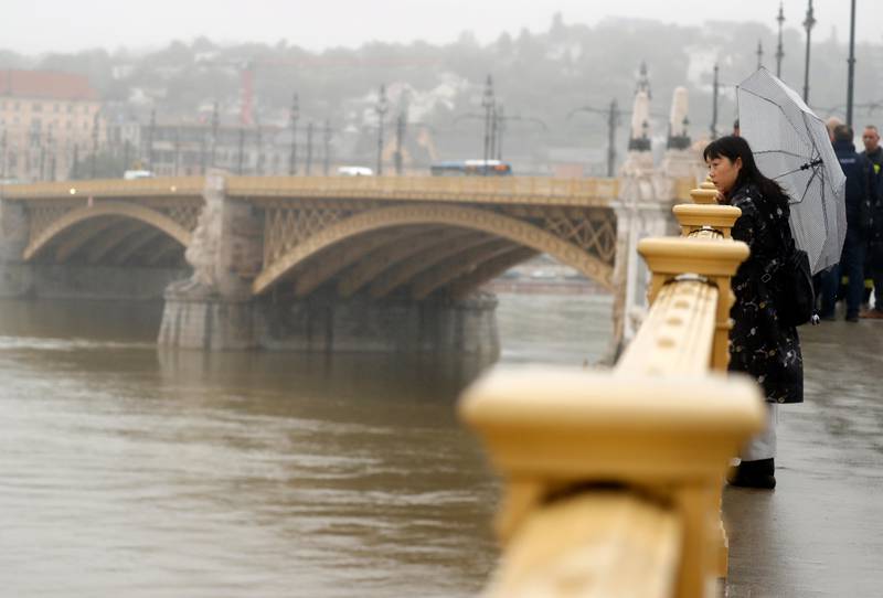 A woman standing and looks at Margit Bridge, where the wreck of a sightseeing boat was found on the Danube River, in Budapest, Hungary, Thursday, May 30, 2019. A massive search was underway on the river for over a dozen people missing after the sightseeing boat with 33 South Korean tourists sank after colliding with another vessel during an evening downpour. (AP Photo/Laszlo Balogh)