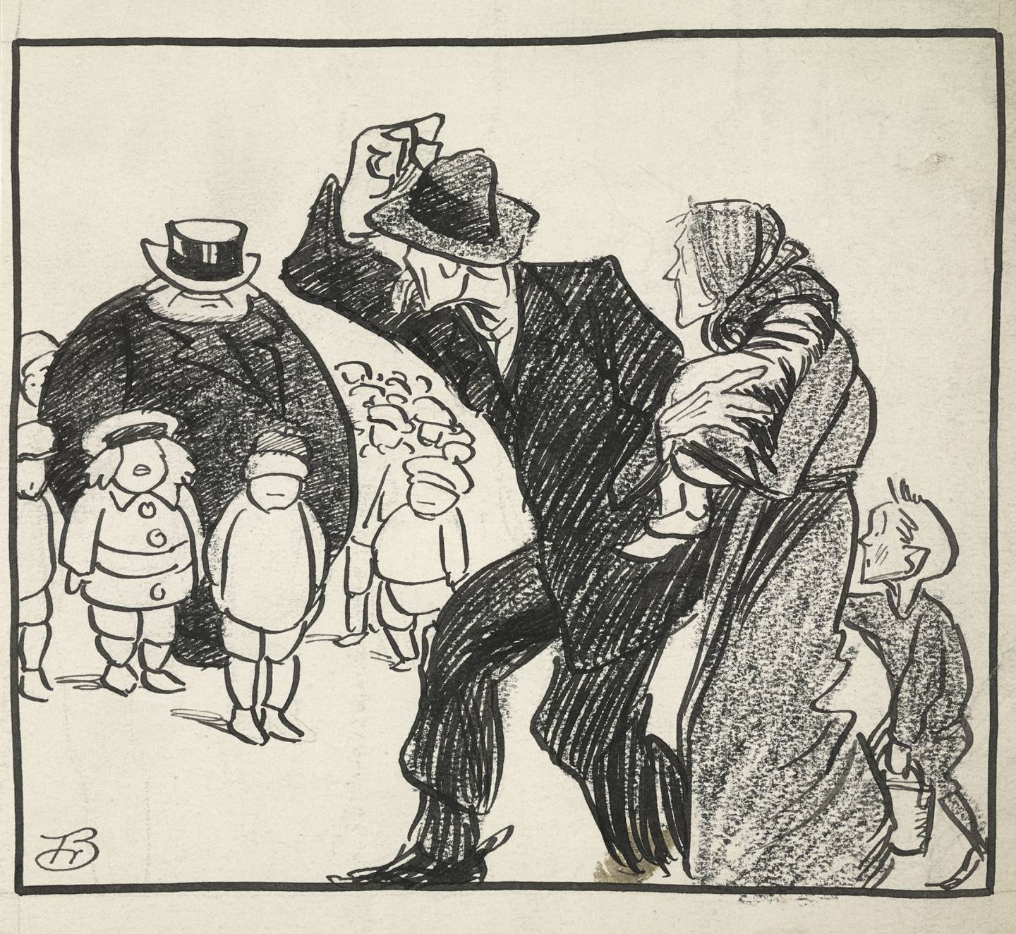 Nøden var stor i Kristianias forsteder i Aker kommune. Karikatur viser den store forskjellen mellom fattig og rik. Tegning av Fredrik Christian Bødtker.
