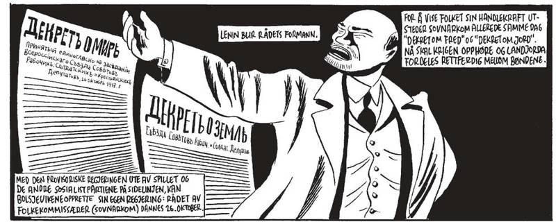 Slik ser Vladimir Lenin ut i Kristian Krogh-Sørensens strek, uten skjegg, i «Den russiske revolusjonen». 