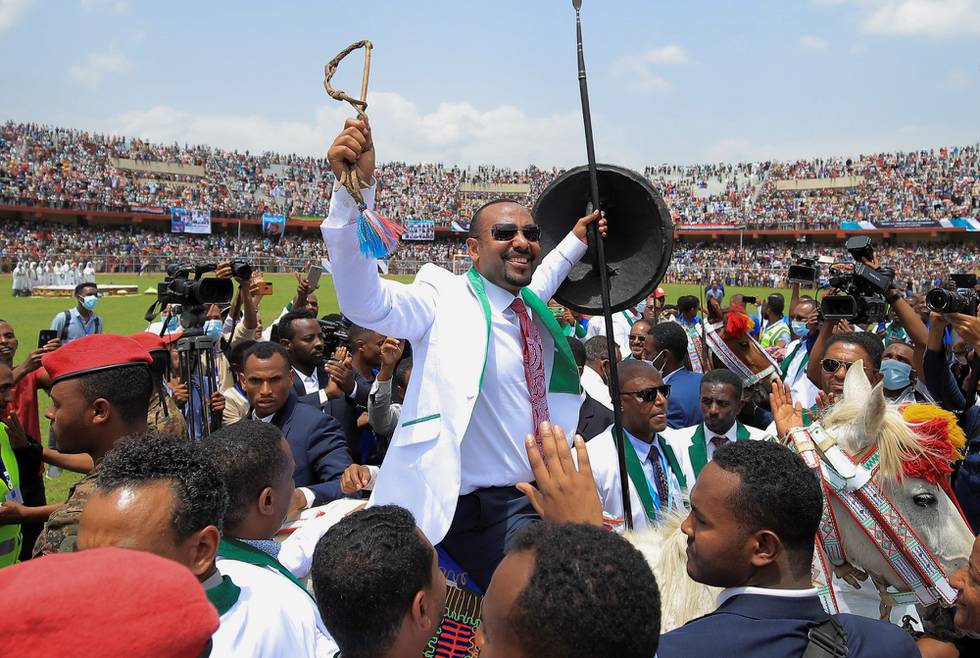 Etiopias statsminister og tidligere vinner av Nobels fredspris, Abiy Ahmed, under et valgmøte 16. juni. Det avholdes valg i Etiopia mandag.