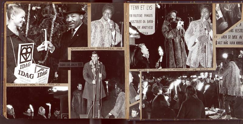 Bilder fra Ruth Reese' møte med Martin Luther King da han kom til Oslo for å motta Nobels fredspris i 1964. Fra et av Ruth Reeses private fotoalbum, Oslo byarkiv, Privatarkiv etter MiRA-senteret.