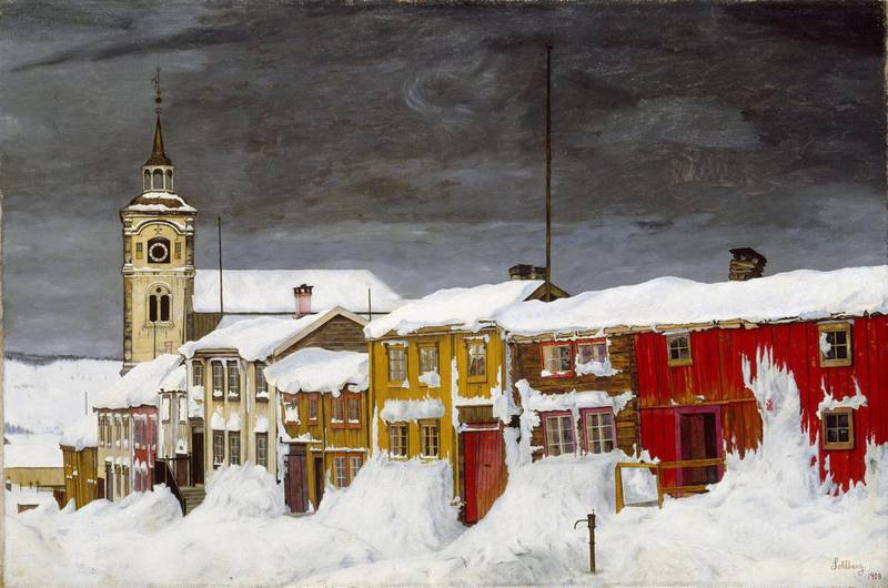Harald Sohlbergs malerier frå Røros var direkte årsak til at riksantikvaren fredet husrekken på 1920-tallet. «Gate i Røros» ble malt i 1903.