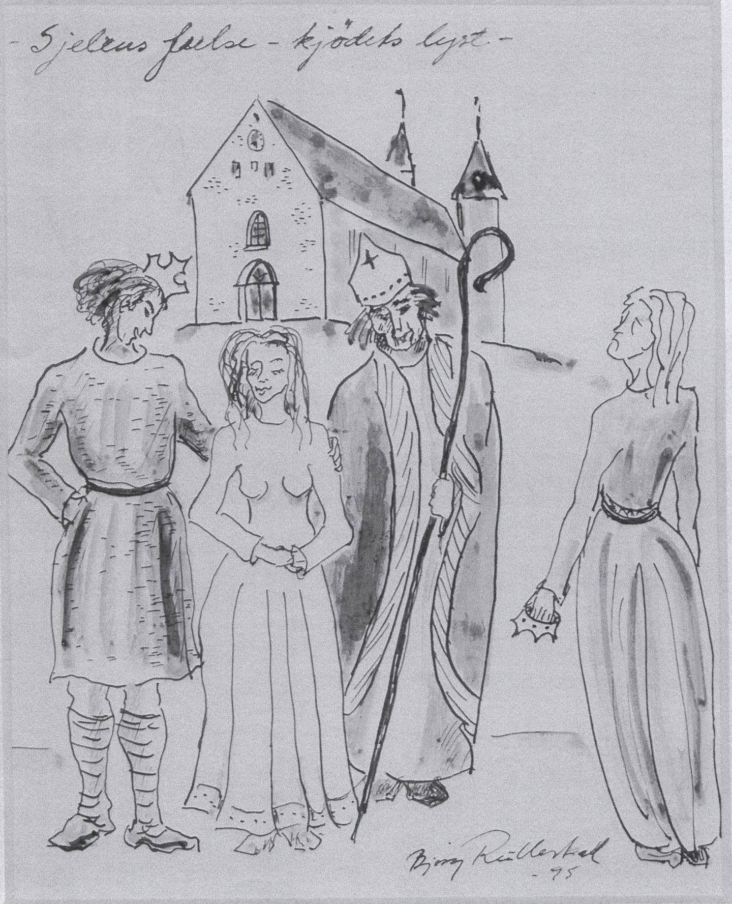 Sigurd Jorsalfar byttet bort dronningen og fikk en ungjente igjen. Den kongelige skilsmissen og det nye giftermålet, ble arrangert av biskop Reinald og hadde sin pris. Tegning: Bjørg Rullestad