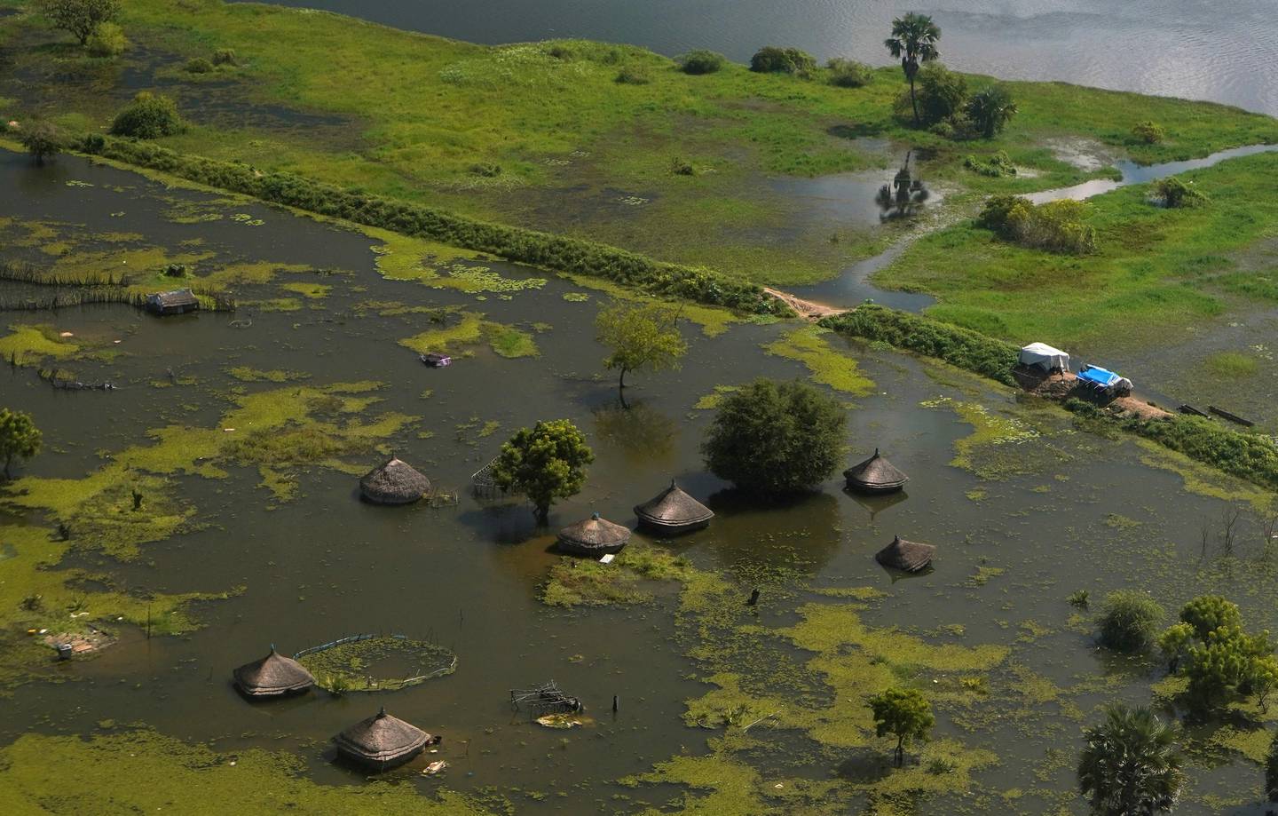 An aerial view shows flooded homes within a village after the River Nile broke the dykes in Jonglei State, South Sudan, October 5, 2020. REUTERS/Andreea Campeanu/File photo      TPX IMAGES OF THE DAY      SEARCH "GLOBAL POY" FOR THIS STORY. SEARCH "REUTERS POY" FOR ALL BEST OF 2020 PACKAGES.