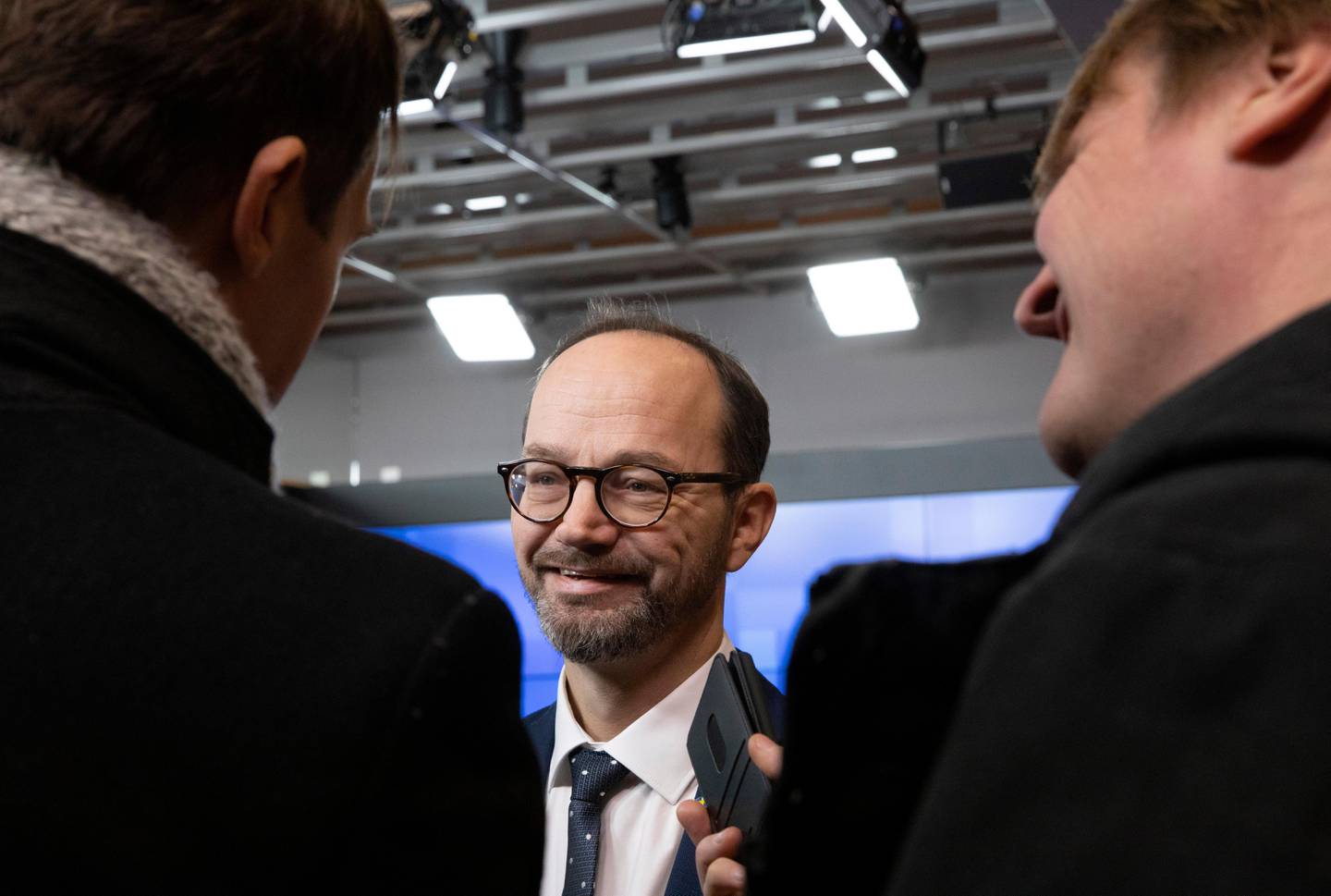 Sweden's Transportation Minister Tomas Eneroth speaks with journalists as he arrives for a meeting of EU transport ministers at the EU Council building in Brussels, Monday, Dec. 2, 2019. (AP Photo/Virginia Mayo)