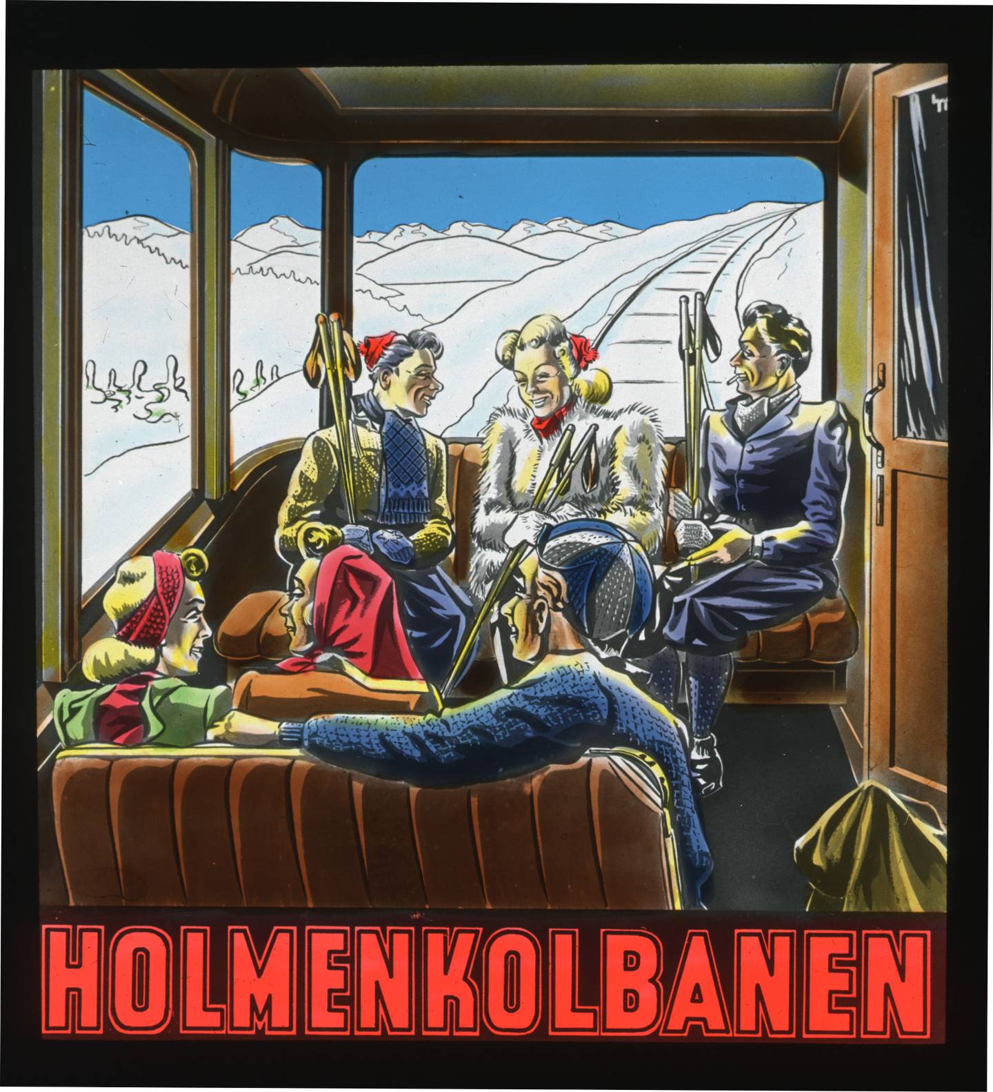 Reklameplakat for Holmenkolbanen: Søndagstur i fellesskap i marka.