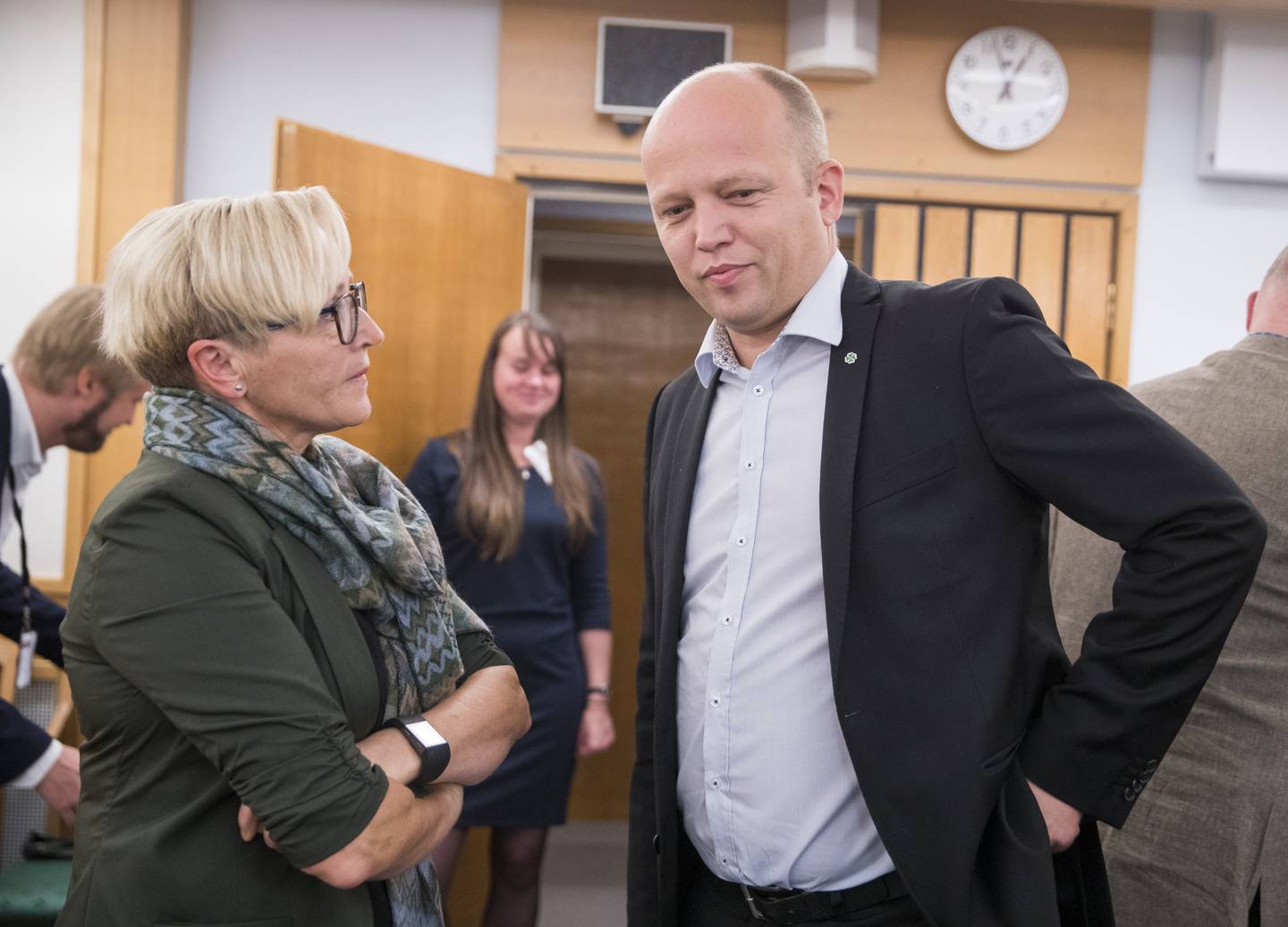 Oslo  20170914_ Stortingsgruppa til Senterpartiet møtes for første gang. Trygve Slagsvold Vedum og Liv Signe Navarsete i samtale.